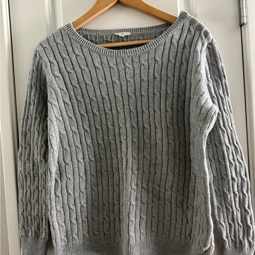 Talbots Light Gray Cable Knit Sweater Cotton Preppy Officewear Minimalist